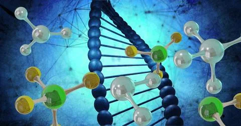 Image of molecules moving over dna strand spinning Stock Illustration