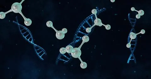 Image of molecules moving over dna strands spinning Stock Illustration