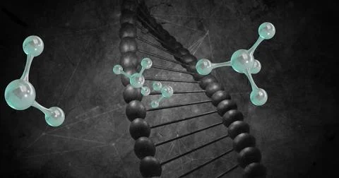 Image of molecules moving over dna strand spinning Stock Photos