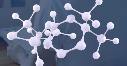 Image of molecules over caucasian man using tablet イラスト素材