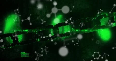 Image of molecules over chain and data processing on black background Illustrazione stock