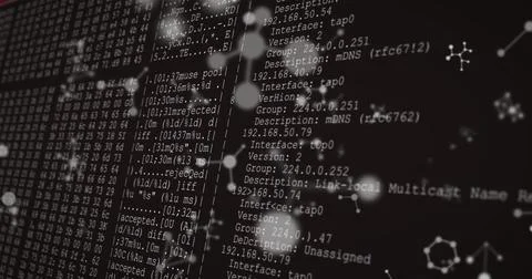 Image of molecules over data processing on black background Stock Illustration