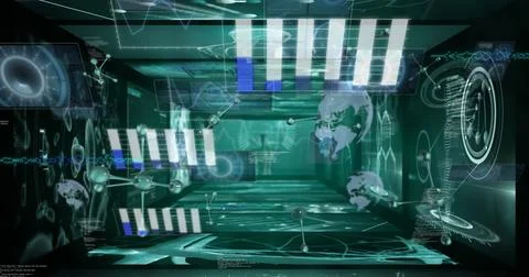 Image of molecules over data processing on black background 스톡 사진