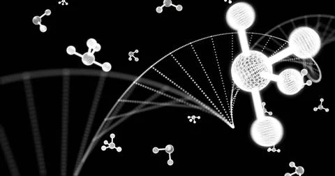 Image of molecules over dna strand on black background Illustrazione stock