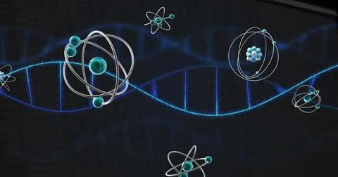Image of molecules over dna strand on black background Stock Illustration