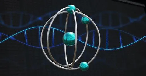Image of molecules over dna strand on black background Stock Illustration
