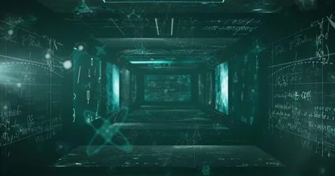 Image of molecules over mathematical equations on black background Stock Illustration