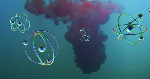 Image of molecules over red liquid on blue background Stock Photos