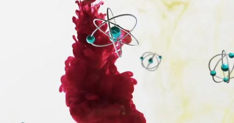 Image of molecules over red liquid on white background Stock Photos