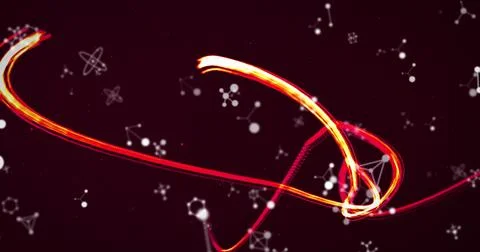 Image of molecules spinning over glowing neon stripes Stock Illustration