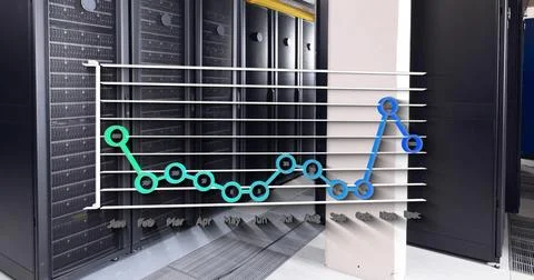 Image of monthly data on annual graph over computer server room 写真素材