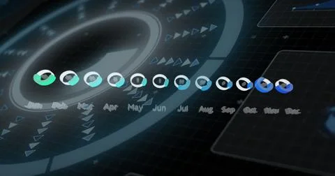 Image of monthly data over circular scanner processing on black interface 스톡 일러스트