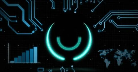 Image of motherboard and data loading start up symbol on interface with black 写真素材