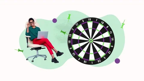 Image motion collage video of happy businesswoman sit stool target hold laptop Stock Footage 305446857