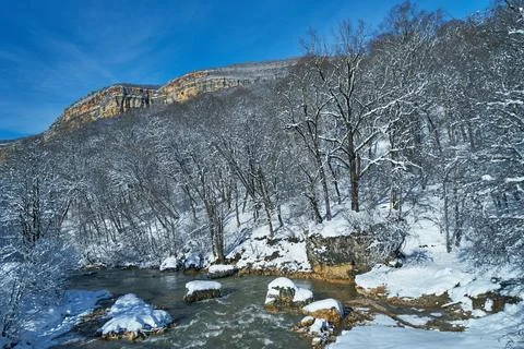 Image of a mountain river in winter. Stock Photos