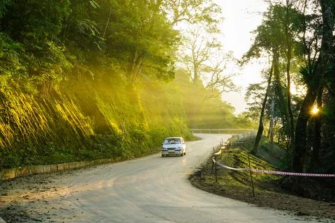 Image of mountain road of Ba Vi mountain, rays of sunlight pierce trees, ca.. Stock Photos