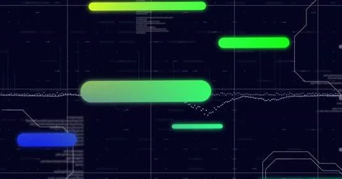 Image of moving bars over graphs, computer language and grid pattern 스톡 사진