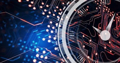 Image of moving clock over computer circuit board on black background Foto stock