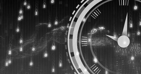 Image of moving clock over data processing on black background 스톡 사진