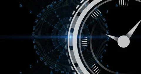 Image of moving clock over data processing on black background 스톡 사진