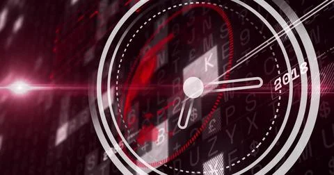 Image of moving clock over data processing and globe on black background Foto stock