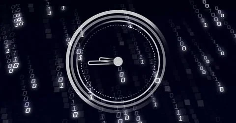 Image of moving clock over data processing on black background 스톡 사진