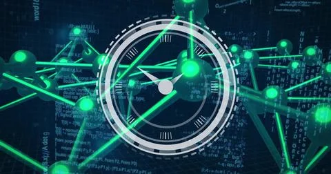 Image of moving clock over data processing and network of connections on black Foto stock