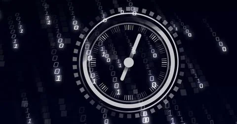 Image of moving clock over data processing on black background 写真素材