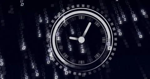 Image of moving clock over data processing on black background Stock Photos