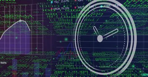 Image of moving clock over data processing on black background Foto stock