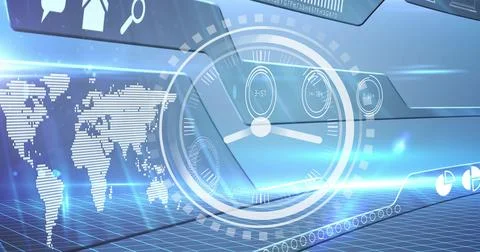 Image of moving clock over digital interface with data processing and world map 스톡 사진