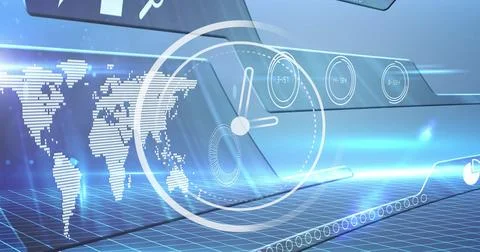 Image of moving clock over digital interface with world map on grey background Stock Photos