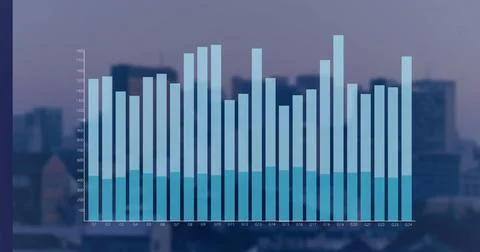 Image of moving columns over data processing on black background 스톡 사진