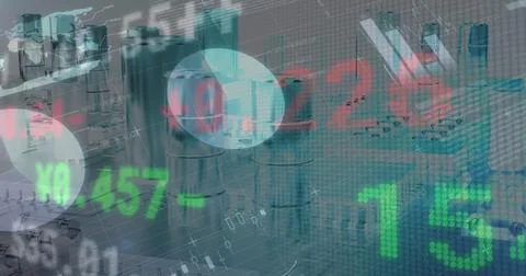 Image of moving data and information over metal shapes Illustrazione stock