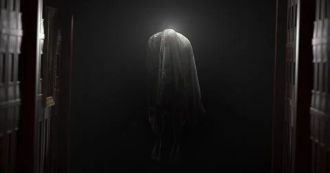 Image of moving ghost and buildings on black background 스톡 사진
