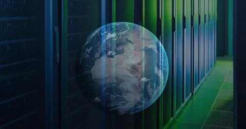 Image of moving globe against server room in background Stock Photos