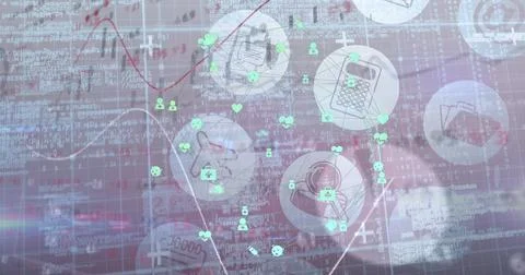 Image of a moving graph and floating technological icons with data and Stock Photos