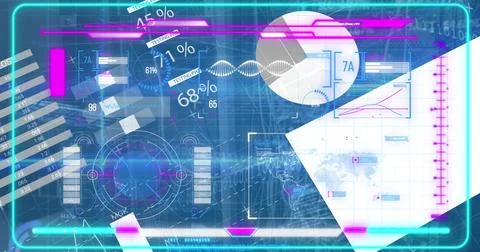 Image of moving graphs, dna helix, map and programming data over graphical Stock Illustration