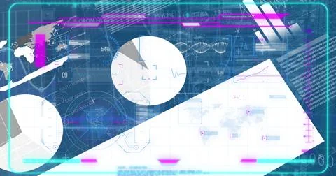 Image of moving graphs, dna helix, map and programming data over graphical Stock Illustration