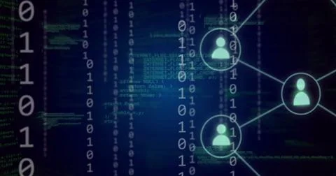 Image of moving layers of processing data and people networks on dark background Stock Photos