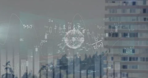 Image of moving mathematical formulas over cityscape Stock Illustration