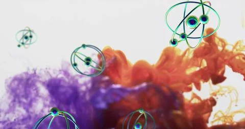 Image of moving molecules with red and blue shapes on white background Stock Photos