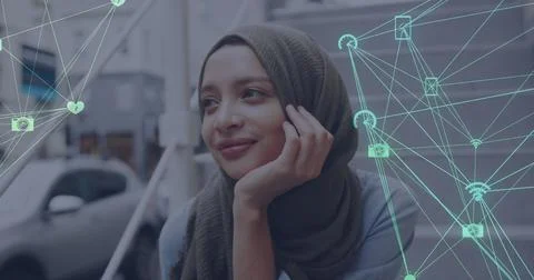 Image of a moving network of connected media icons with smiling woman wearing Stock Photos