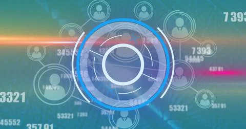 Image of moving numbers a circular scope and a network of connected people icons 스톡 일러스트