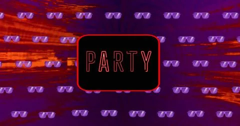 Image of moving party text in neon letters over neon frame and sunglasses in Stock Illustration