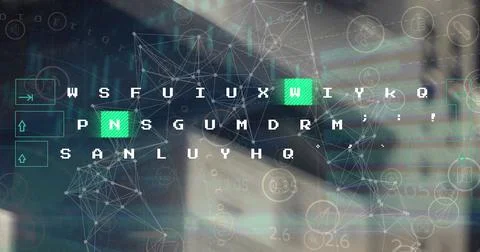 Image of moving pattern on keyboard, connected dots, graphs, trading board over Stock Photos