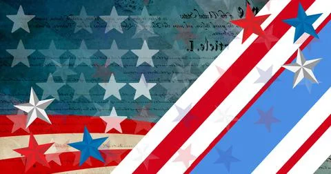 Image of moving red, white and blue stars and stripes pattern of american flag Illustrazione stock