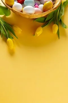 Image of multi coloured easter eggs in basket with yellow tulips and copy space Stock Photos