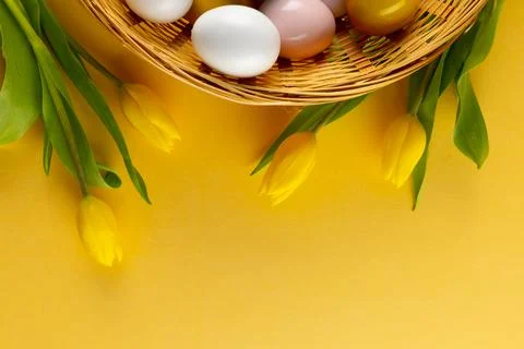 Image of multi coloured easter eggs in basket with yellow tulips and copy space Foto stock