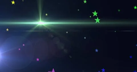 Image of multi coloured stars falling on blue background with glowing light Stock Illustration